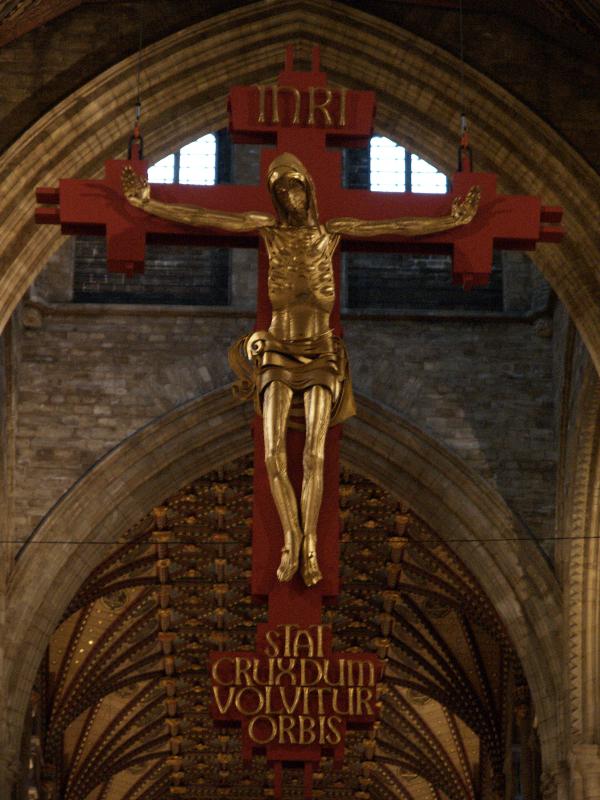 Peterborough, England: Peterborough Cathedral: Hanging Crucifix (or Rood) (1975, designed by George Pace, with figure by Frank Roper)