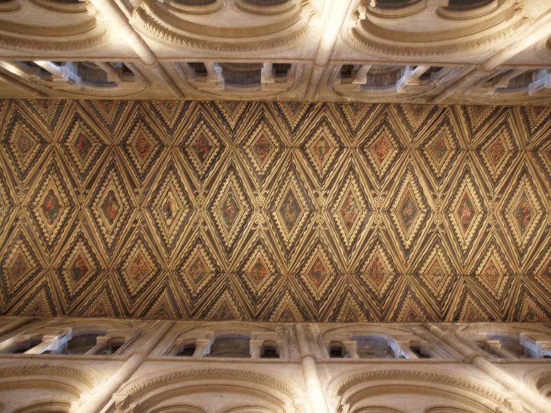 Peterborough, England: Peterborough Cathedral: painted wood ceiling (c1230, cleaned early 2000s)