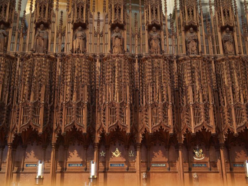 Peterborough, England: Peterborough Cathedral: choir stall detail (late Victorian, carved by Thompsons of Peterborough)
