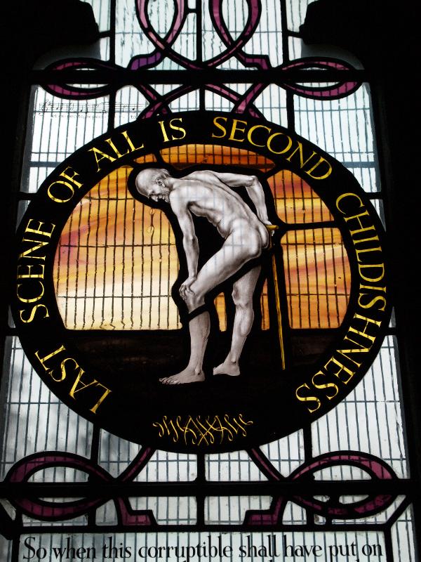 Oundle, England: Oundle School Chapel: The Old Man (The Seven Ages of Man, 1956, Hugh Easton)