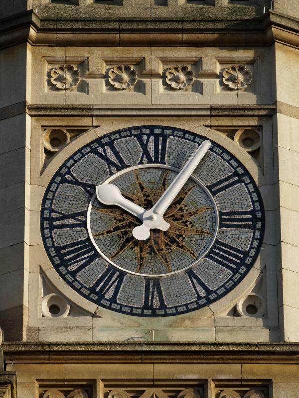 Cambridge, England: Sidney Street, Lloyds TSB Bank: clock face (1890-1893, architect Alfred Waterhouse)