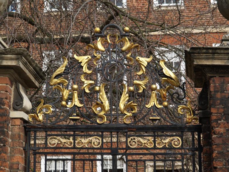 Cambridge, England: Peterhouse: Master's Lodge gate detail (made 1928)