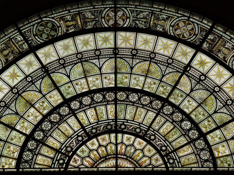 Cambridge, England: Fitzwilliam Museum: stained glass (grisaille) window (1870-1875)