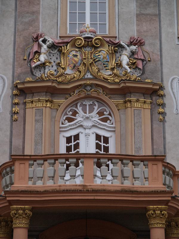 Ettlingen, Germany: Schloss (Castle): decoration over entrance (baroque, 1728-1732, master builder Johann Michael Ludwig Rohrer; restored 1978)