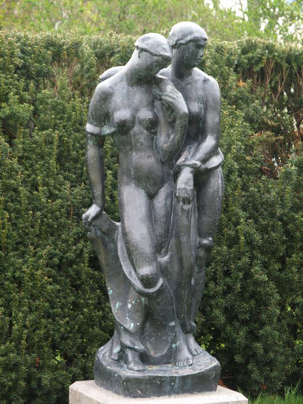 Ettlingen, Germany: Bahnhofplatz: sculpture of two women (1913, Karl Albiker)