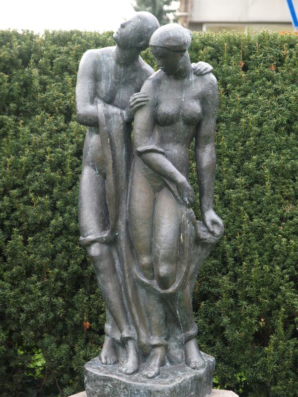 Ettlingen, Germany: Bahnhofplatz: sculpture of two women (1913, Karl Albiker)