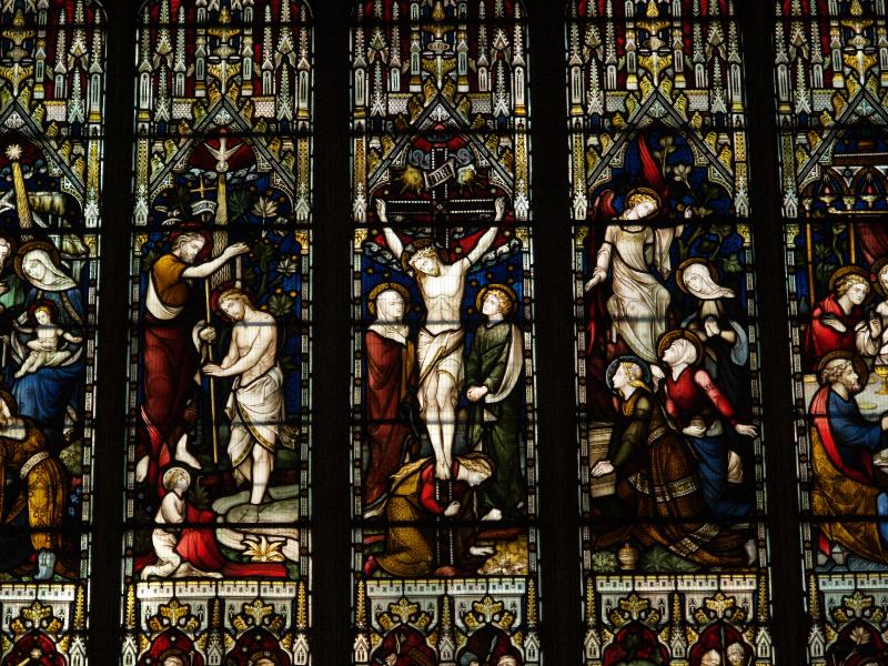 Cambridge, England: Church of St Edward King and Martyr: chancel window, detail (1858, George Gilbert Scott and R. Brandon)