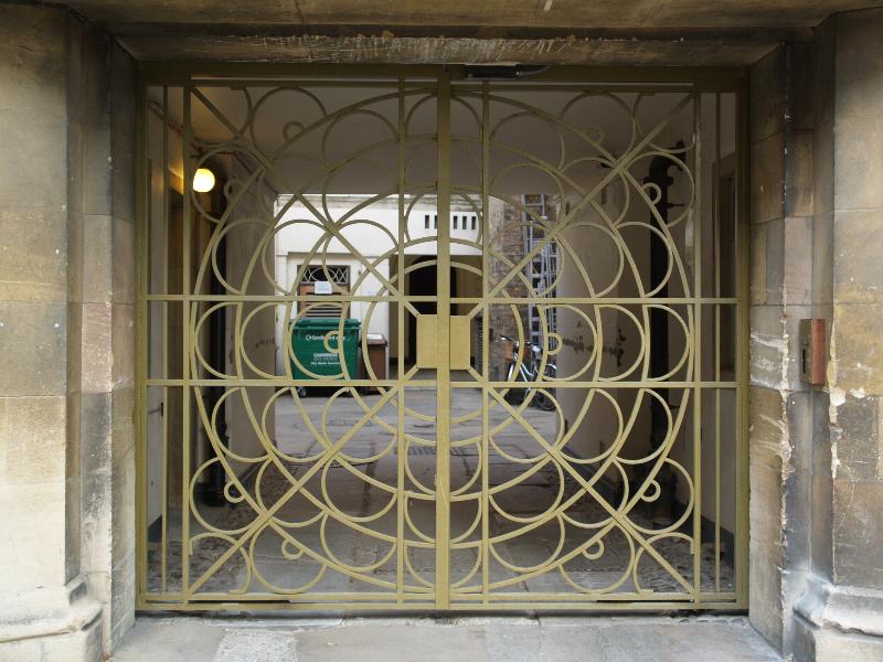 Cambridge, England: Corpus Christi College: gate (art deco, c1930, architect G Dawbarn)