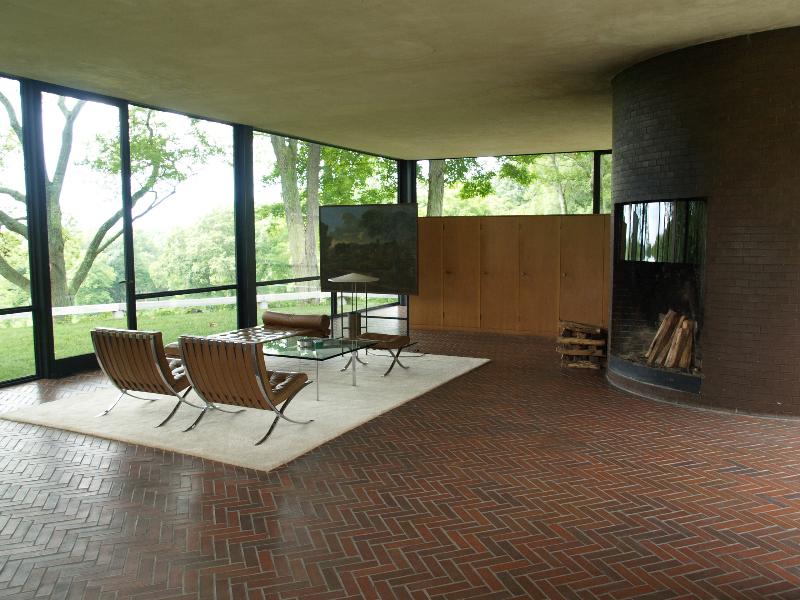 New Canaan, Connecticut (CT): Glass House estate: Glass House, lounge area (1949, Philip Johnson)