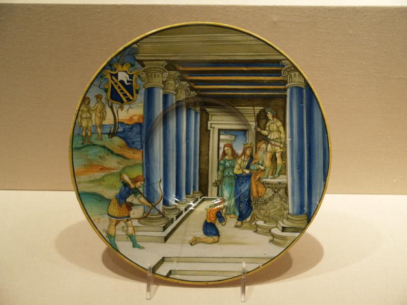 New York City, NY: Metropolitan Museum of Art: plate, Paris Shooting Achilles in the Heel (Urbino, about 1525, Nicola da Urbino)