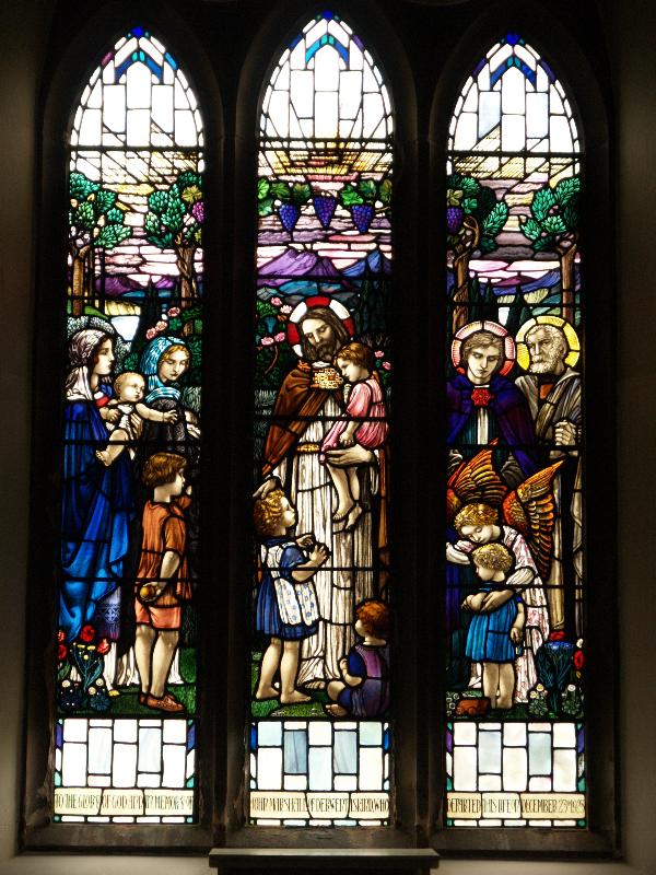 Keswick, England: St John's Church: Christ with little children (1920s, designer Veronica Whall)