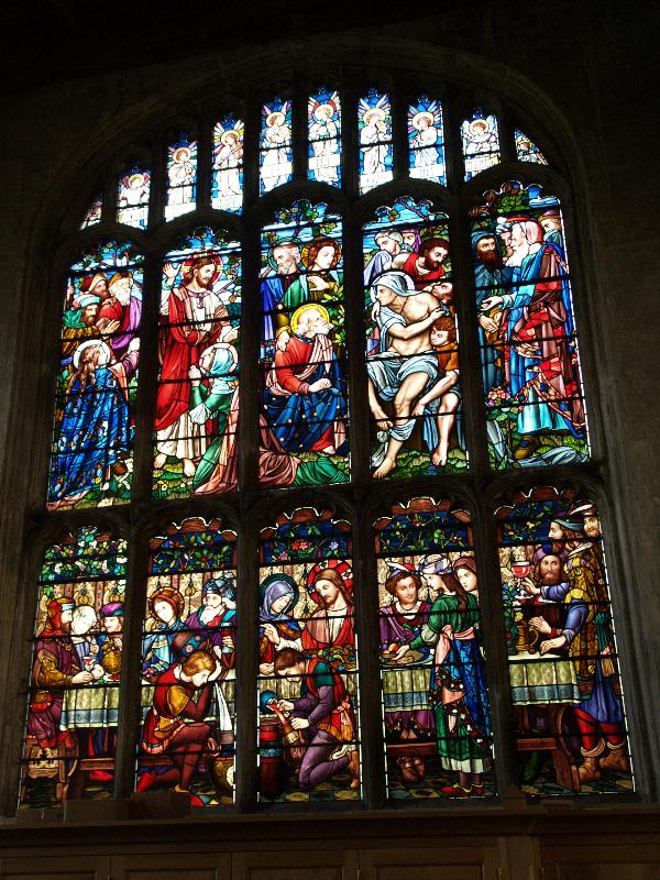 Lavenham, England: St Peter and St Paul Church: Branch Chapel window (Raising of Lazarus; Marriage at Cana)