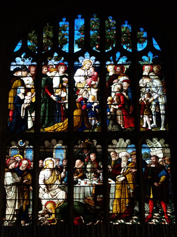 Lavenham, England: St Peter and St Paul Church: Lady Chapel window (Suffer little children; Mary of Bethany washing feet of Jesus in house of Simon the Leper)