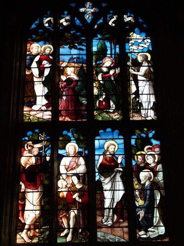Lavenham, England: St Peter and St Paul Church: Lady Chapel window (Jesus speaking to Martha about death of Lazarus; risen Christ speaking to Mary Magdalene; John Baptist and Jesus; Jesus giving St Peter authority in the church)