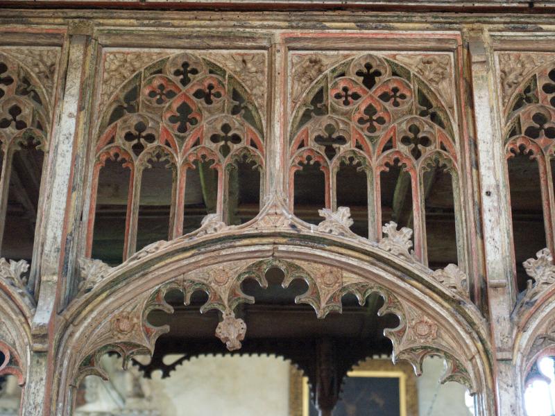 Kedlington, England: St Peter and St Paul Church: Barnardiston pew tracery detail (1610)