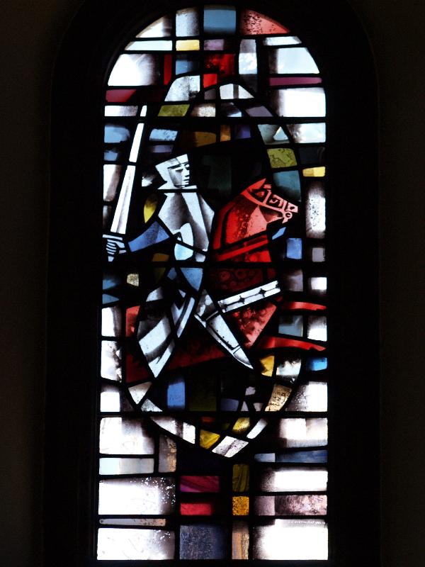 Cambridge, England: Downing College: chapel window, War (Four Horsemen of the Apocalypse) (1962-1963, L.C. Evetts)
