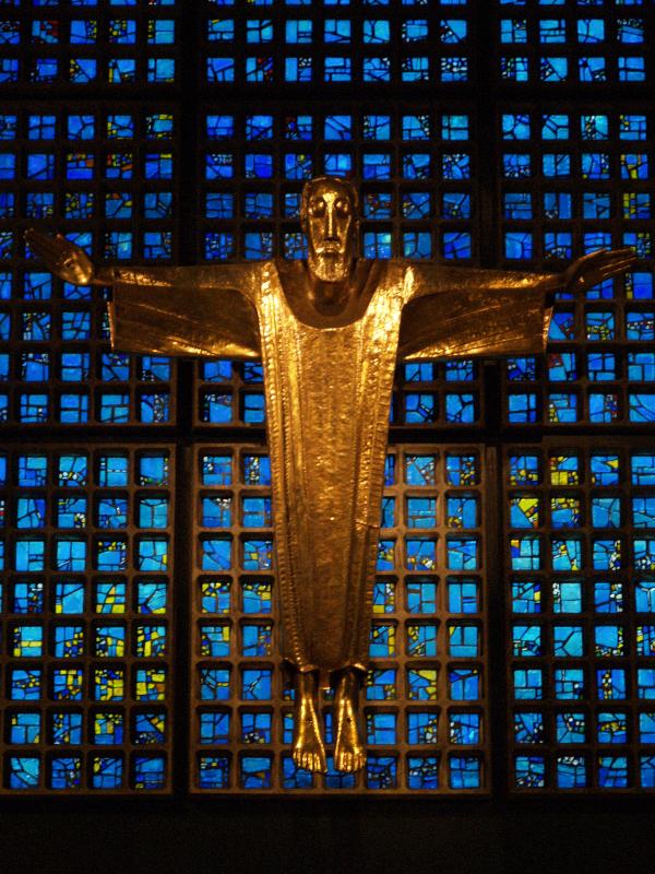 Berlin, Germany: Kaiser Wilhelm Gedaechtnis Kirche: Christ on Cross (1961, sculptor Karl Hemmeter, stained glass artist Gabriel Loire)