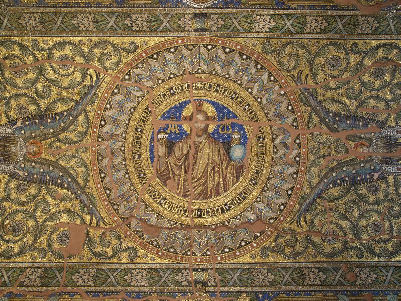 Berlin, Germany: Kaiser Wilhelm Gedaechtnis Kirche: Christ, mosaic ceiling (1897-1906, designed by Hermann Schaper, made by Firma Puhl and Wagner)
