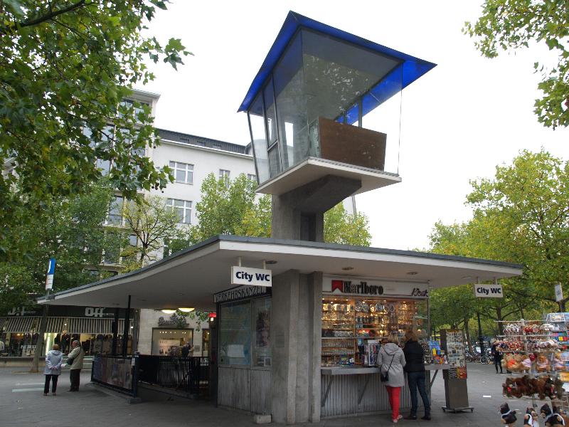 Berlin, Germany: Joachimstaler Platz: Verkehrskanzel (literally 'traffic pulpit') above kiosk (1953-1955, Werner Klenke, Bruno Grimmek, Werner Duttmann)