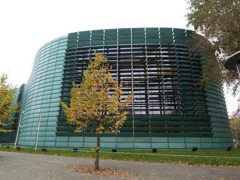 Berlin, Germany: Nordic Embassies (Rauchstrasse): copper wrap around outside of complex (1997-1999, architect Berger + Parkkinen)