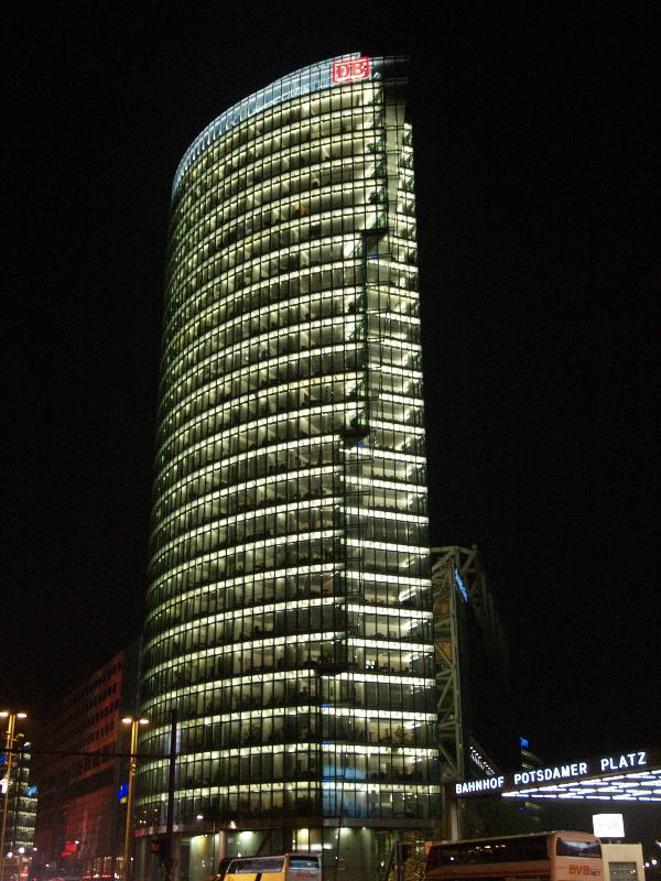 Berlin, Germany: Deutsche Bahn Tower (Potsdamer Strasse): view at night (1996-2000, architect Helmut Jahn)