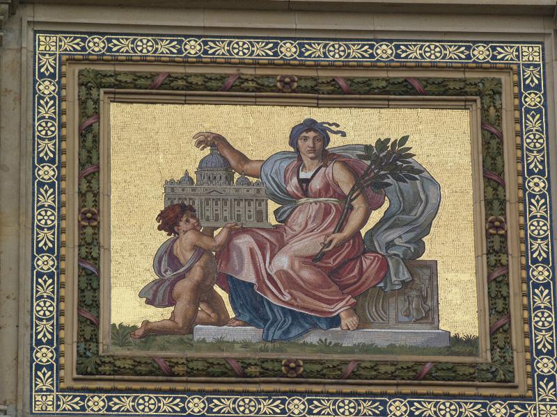 Berlin, Germany: Martin Gropius Bau (Niederkirchnerstrasse): mosaic panel at top of building (1879-1881, made by firm of Antonio Salviati, after designs by Friedrich Geselschap or Ernst Ewald) (building 1877-1881, Martin Gropius and Heino Schmieden, restored 1999-2000, Hilmer & Sattler und Albrecht)