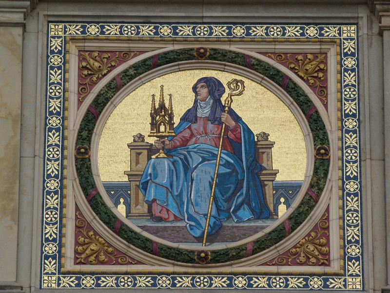 Berlin, Germany: Martin Gropius Bau (Niederkirchnerstrasse): mosaic panel at top of building (1879-1881, made by firm of Antonio Salviati, after designs by Friedrich Geselschap or Ernst Ewald) (building 1877-1881, Martin Gropius and Heino Schmieden, restored 1999-2000, Hilmer & Sattler und Albrecht)
