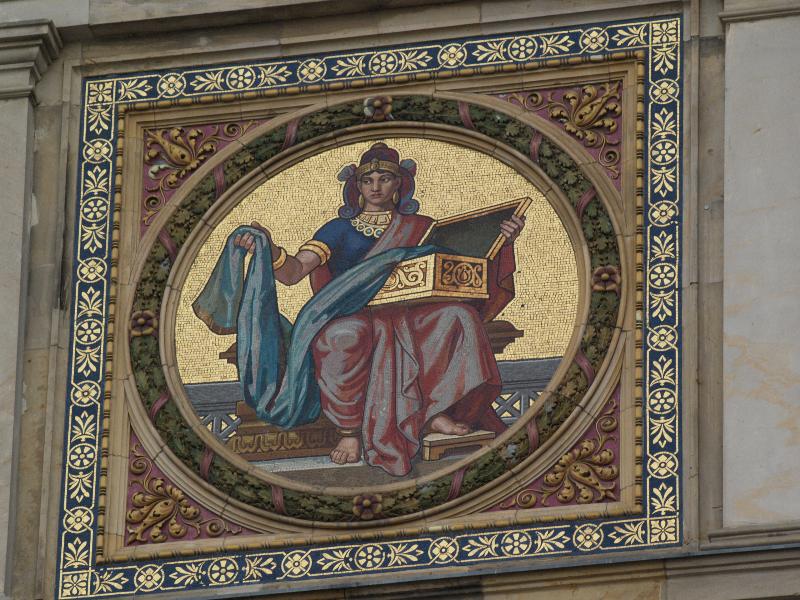 Berlin, Germany: Martin Gropius Bau (Niederkirchnerstrasse): mosaic panel at top of building (1879-1881, made by firm of Antonio Salviati, after designs by Friedrich Geselschap or Ernst Ewald) (building 1877-1881, Martin Gropius and Heino Schmieden, restored 1999-2000, Hilmer & Sattler und Albrecht)