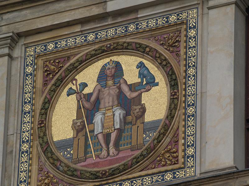 Berlin, Germany: Martin Gropius Bau (Niederkirchnerstrasse): mosaic panel at top of building (1879-1881, made by firm of Antonio Salviati, after designs by Friedrich Geselschap or Ernst Ewald) (building 1877-1881, Martin Gropius and Heino Schmieden, restored 1999-2000, Hilmer & Sattler und Albrecht)