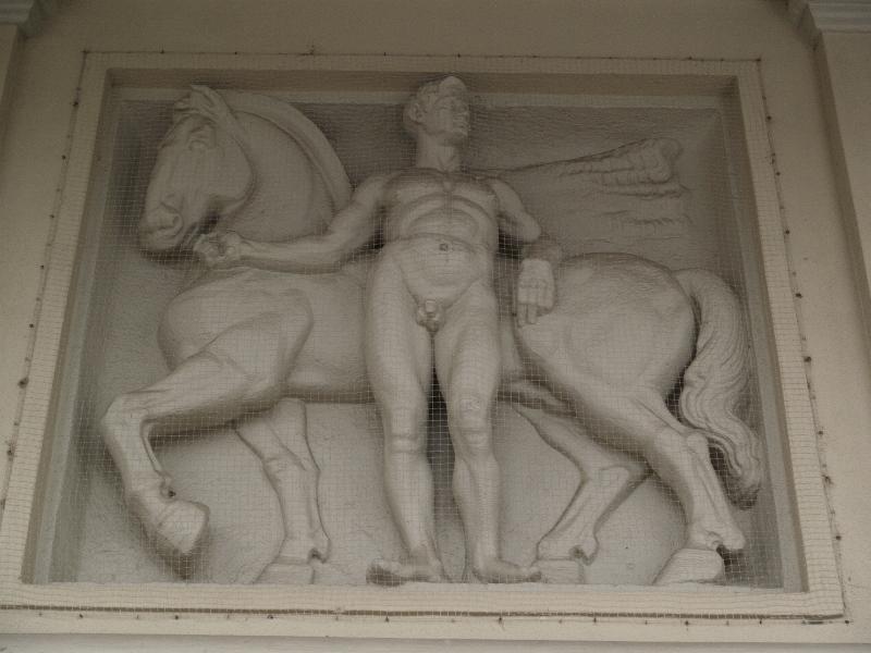 Karlsruhe, Germany: Stadthalle (Festplatz): relief (man next to horse) (1915, sculptor Wilhelm Sauer, architect Curjel and Moser)