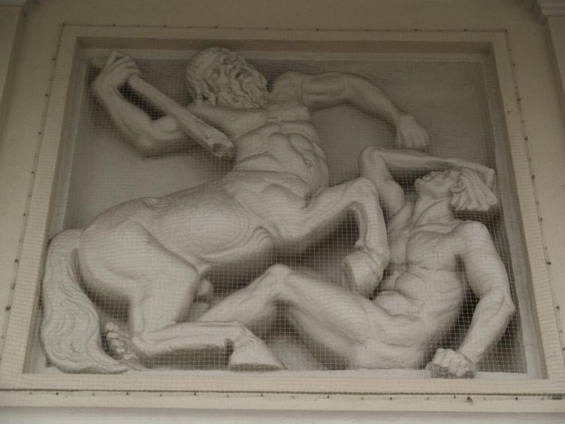 Karlsruhe, Germany: Stadthalle (Festplatz): relief (centaur attacking man) (1915, sculptor Wilhelm Sauer, architect Curjel and Moser)