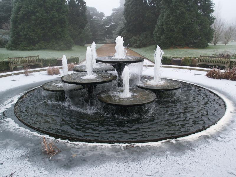 Cambridge, England: Botanic Garden: fountain in freezing fog (1966, by David Mellor)