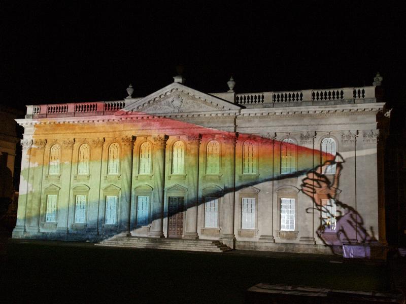 Cambridge, England: Senate House: light show: Isaac Newton's prism (Cambridge University 800th anniversary light show, officially 17-19 January 2009, light artist Ross Ashton, illustration Quentin Blake)