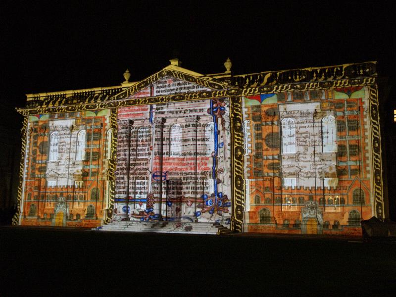 Cambridge, England: Senate House: light show: medieval manuscripts (Cambridge University 800th anniversary light show, officially 17-19 January 2009, light artist Ross Ashton)