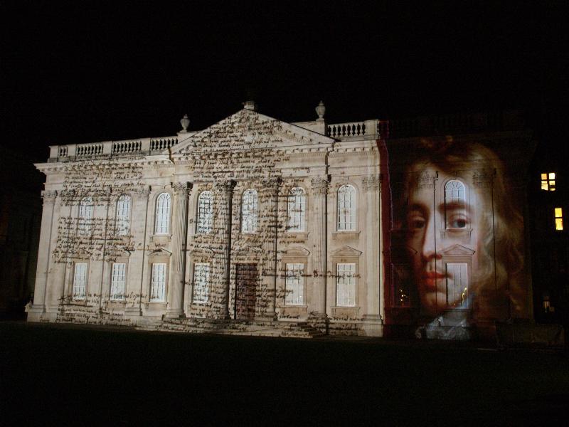 Cambridge, England: Senate House: light show: John Milton and his writing (Cambridge University 800th anniversary light show, officially 17-19 January 2009, light artist Ross Ashton)