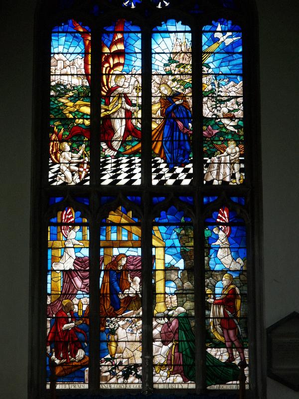 Burwell, England: St Mary's Church: north east aisle window (the Annunciation and Adoration of the Magi) (1936, Hugh Easton)
