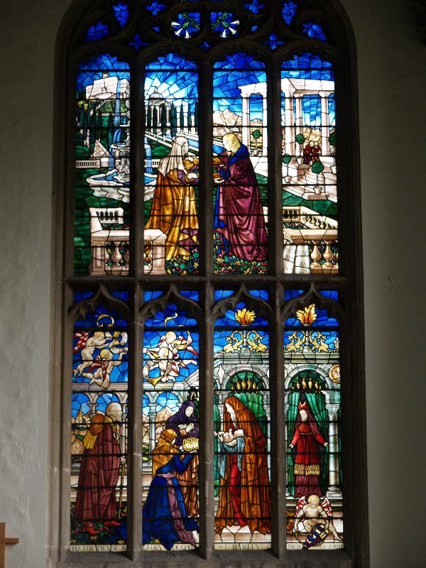 Burwell, England: St Mary's Church: south east aisle window (Mary visiting Elizabeth and Presentation of Christ) (1936, Hugh Easton)
