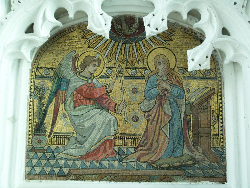 Burwell, England: St Mary's Church: left mosaic panel behind altar (the Annunciation) (1880s?)