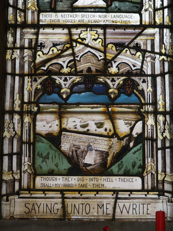 Swaffham Prior, England: St Mary's Church: Great War (World War I) left memorial window (captured dug-out) (1919, designed by T F Curtis, made by Ward and Hughes)
