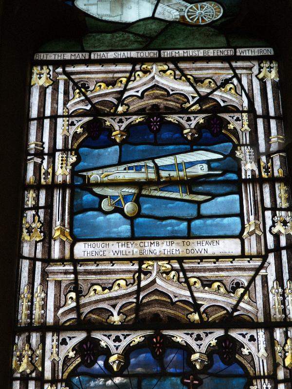 Swaffham Prior, England: St Mary's Church: Great War (World War I) left memorial window (German aeroplane) (1919, designed by T F Curtis, made by Ward and Hughes)