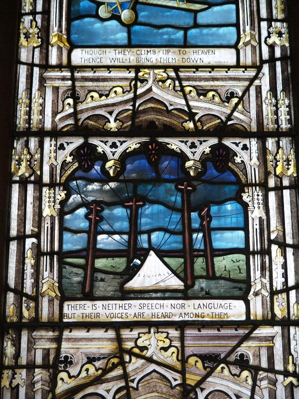 Swaffham Prior, England: St Mary's Church: Great War (World War I) left memorial window (field telegraph tent) (1919, designed by T F Curtis, made by Ward and Hughes)