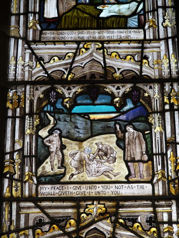 Swaffham Prior, England: St Mary's Church: Great War (World War I) middle memorial window (military chaplain) (1919, designed by T F Curtis, made by Ward and Hughes)