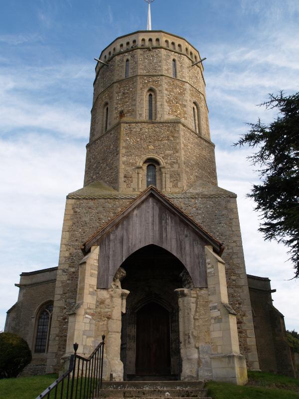 Swaffham Prior, England: St Mary's Church: tower (square and octagonal part, 12th century; 16-sided part 13th century)