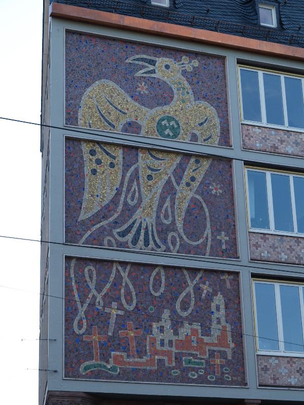 Frankfurt, Germany: Salzhaus (Salt House, Roemerberg , 27): 'Phoenix aus der Asche' (Phoenix rising from the ashes) (1952-1954, mosaic artist Wilhelm Geissler)