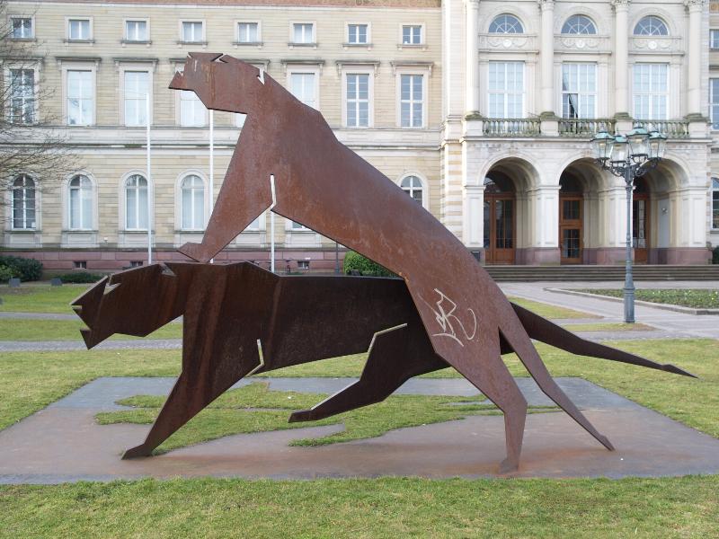 Karlsruhe, Germany: Staatliches Museum fur Naturkunde (Erbprinzenstrasse): 'Springende Panther' (1995, sculptor Andreas Helmling)