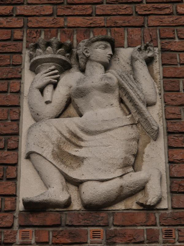 Nijmegen, Netherlands: train station (Stationsplein): female relief (1953, sculptor Jo Uiterwaal)
