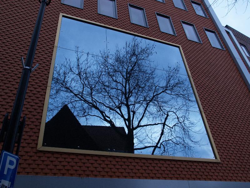 Nijmegen, Netherlands: Lux (Marienburgsestraat): reflection of tree in window (2000, Soeters Van Eldonk architekten)