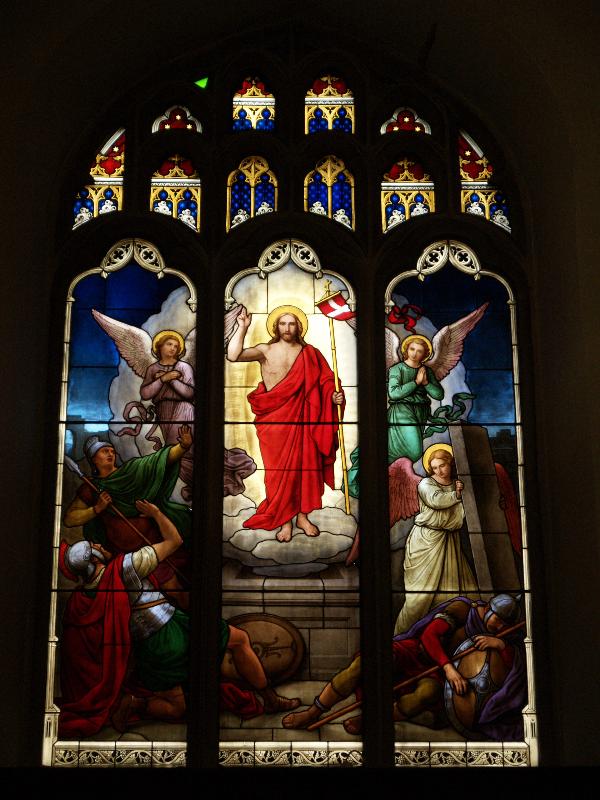 Cambridge, England: Peterhouse: chapel stained glass window, Resurrection (1850s, overall design by Max Emanuel Ainmiller, figures largely work of Claudius Schraudolph and Heinrich von Hess, Royal School of Glass Painting, Munich)