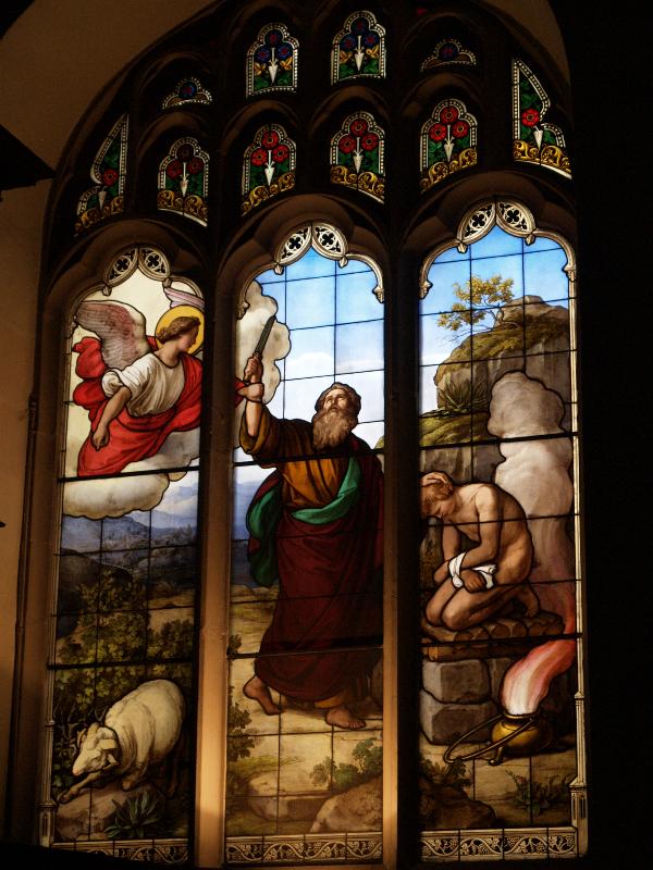 Cambridge, England: Peterhouse: chapel stained glass window, Abraham sacrificing Isaac (1850s, overall design by Max Emanuel Ainmiller, figures largely work of Claudius Schraudolph and Heinrich von Hess, Royal School of Glass Painting, Munich)