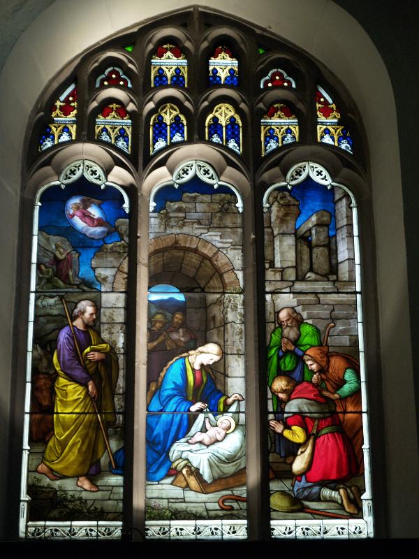 Cambridge, England: Peterhouse: chapel stained glass window, Birth of Jesus (1850s, overall design by Max Emanuel Ainmiller, figures largely work of Claudius Schraudolph and Heinrich von Hess, Royal School of Glass Painting, Munich)